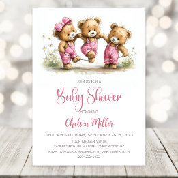Girl Teddy Bears in Pink Overalls Baby Shower Kaart
