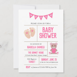 Girl Teddy en Baby Feet Pink Baby shower Kaart
