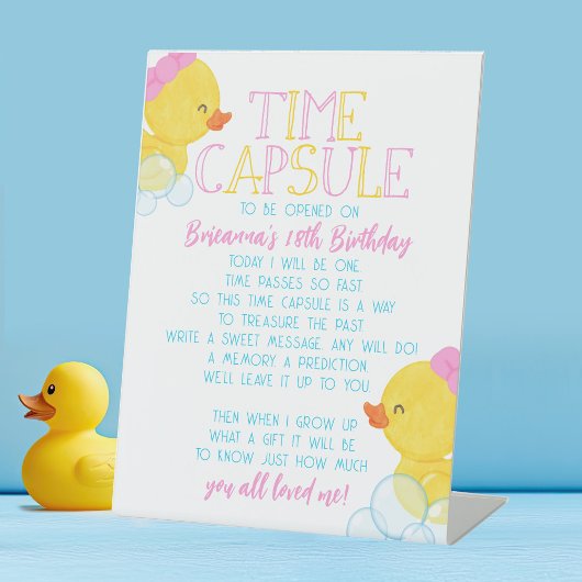 Girl Time Capsule Rubber Duck 1e Verjaardagsfeest Reclamebord Met Voetstuk