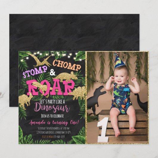 Girl Tropical Dinosaur Birthday Invitation Kaart (Voorkant / Achterkant)