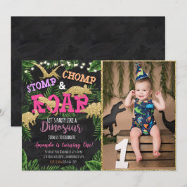 Girl Tropical Dinosaur Birthday Invitation Kaart