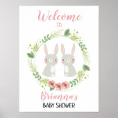 Girl Twin Bunny Welcome Baby shower Sign Poster (Voorkant)