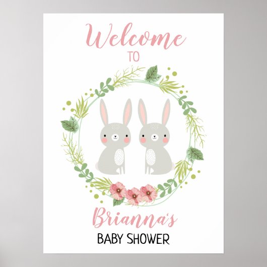 Girl Twin Bunny Welcome Baby shower Sign Poster (Voorkant)