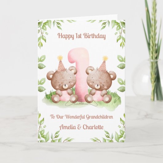 Girl Twins 1st Birthday Teddy Bears Card Kaart (Voorkant)