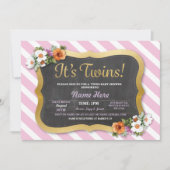 Girl Twins Baby shower Floral Stripe Pink Invite Kaart (Voorkant)