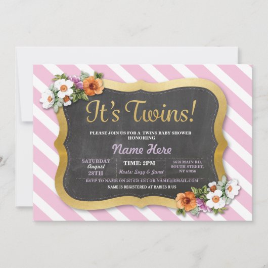 Girl Twins Baby shower Floral Stripe Pink Invite Kaart (Voorkant)
