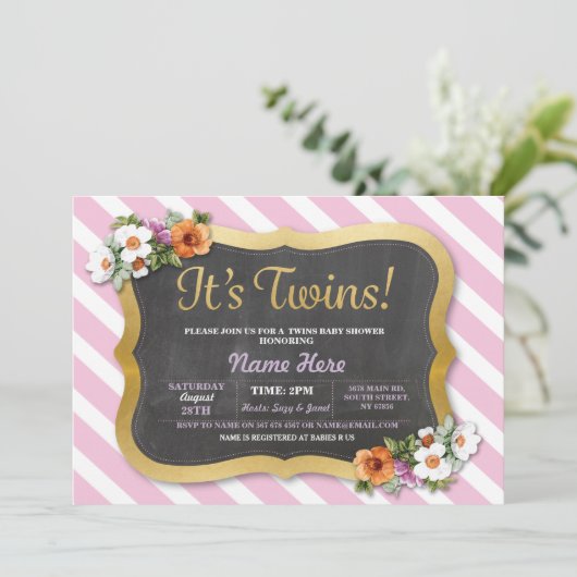 Girl Twins Baby shower Floral Stripe Pink Invite Kaart (Staand voorkant)