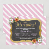 Girl Twins Baby shower Floral Stripe Pink Invite Kaart (Voorkant / Achterkant)