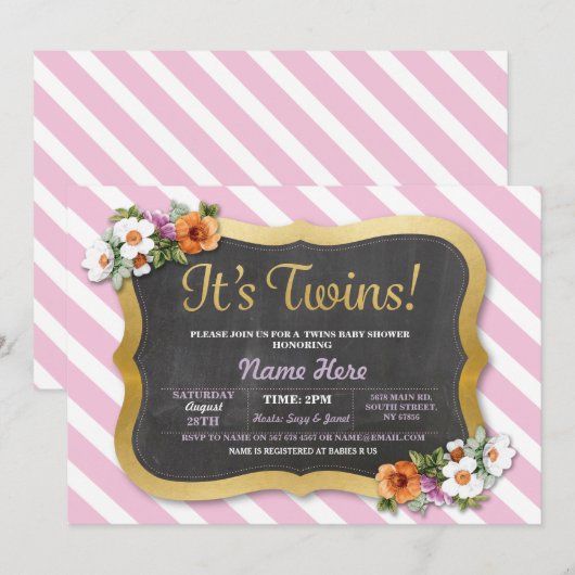Girl Twins Baby shower Floral Stripe Pink Invite Kaart (Voorkant / Achterkant)