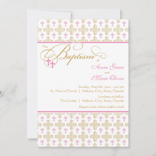 Girl Twins Cross Pattern Baptism Invitation Kaart (Voorkant)