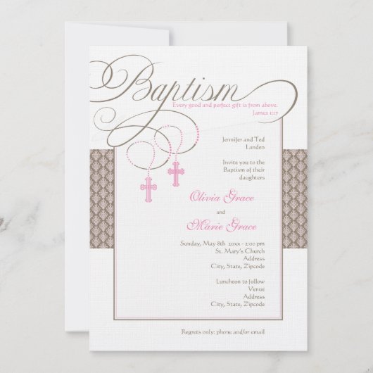Girl Twins Damask Baptism Invitation Kaart (Voorkant)