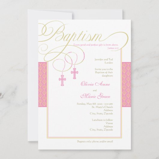 Girl Twins Damask Baptism Invitation Kaart (Voorkant)
