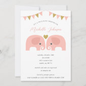 Girl Twins Elephant Baby shower Invitation Kaart (Voorkant)