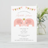 Girl Twins Elephant Baby shower Invitation Kaart (Staand voorkant)