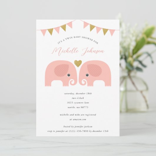 Girl Twins Elephant Baby shower Invitation Kaart (Staand voorkant)