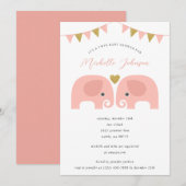 Girl Twins Elephant Baby shower Invitation Kaart (Voorkant / Achterkant)