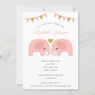 Girl Twins Elephant Baby shower Invitation Kaart