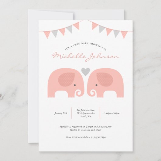 Girl Twins Elephant Baby shower Invitation Kaart (Voorkant)