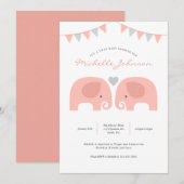 Girl Twins Elephant Baby shower Invitation Kaart (Voorkant / Achterkant)