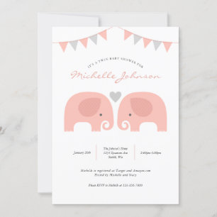 Girl Twins Elephant Baby shower Invitation Kaart