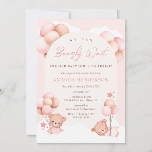 Girl Twins Teddy Bear Baby shower Invitation Kaart (Voorkant)