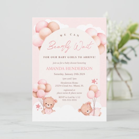 Girl Twins Teddy Bear Baby shower Invitation Kaart (Staand voorkant)