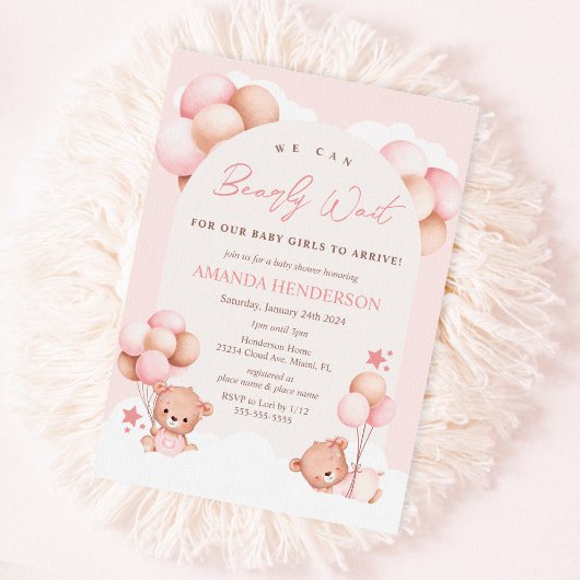Girl Twins Teddy Bear Baby shower Invitation Kaart