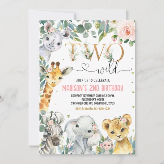 Girl Two Wild 2nd Gold Oerwoud Animals Verjaardag Kaart (Voorkant)