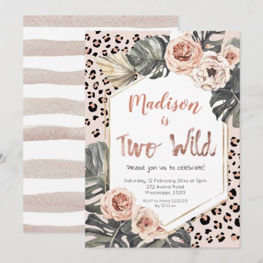 Girl Two Wild Leopard Print Birthday Uitnodiging (Voorkant / Achterkant)