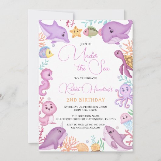 Girl under Zee Ocean Animals Birthday Kaart (Voorkant)