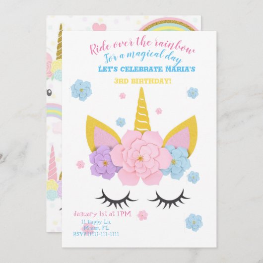 Girl unicorn verjaardagsfeest kaart (Voorkant / Achterkant)