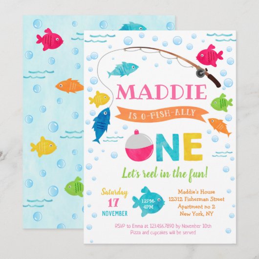 Girl Vist O-fish-ally 1st Birthday Invitation Kaart (Voorkant / Achterkant)