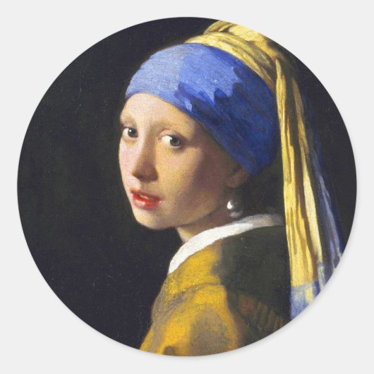 Girl w Pearl Earring ~ Vermeer Ronde Sticker (Voorkant)