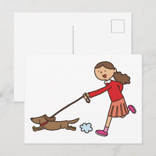 Girl Walking Dog - Dog Walker - schattige cartoon Briefkaart (Voorkant / Achterkant)