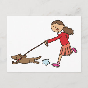 Girl Walking Dog - Dog Walker - schattige cartoon Briefkaart