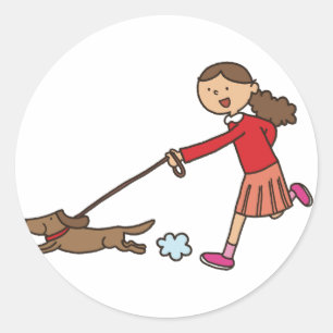 Girl Walking Dog - Dog Walker - schattige cartoon Ronde Sticker