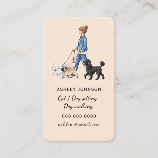 Girl Walking Dog Pet sitter Dog Walker Peach Visitekaartje (Voorkant)