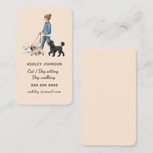 Girl Walking Dog Pet sitter Dog Walker Peach Visitekaartje (Voorkant / Achterkant)