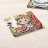 Girl Watermelon Square Onderzetter Set (Schuin)