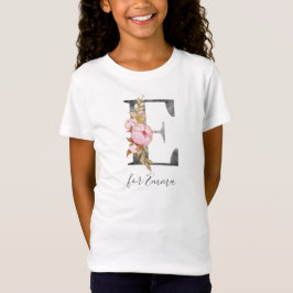 Girl Waterverf Floral Monogram Letter E T-shirt