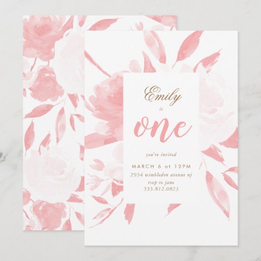 Girl Waterverf Pink First Birthday Invitation Kaart (Voorkant / Achterkant)