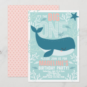 Girl Whale 1st Birthday Party Invitation Invite Kaart