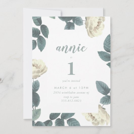 Girl White en Green First Birthday Invitation Kaart (Voorkant)