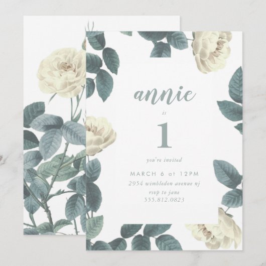 Girl White en Green First Birthday Invitation Kaart (Voorkant / Achterkant)
