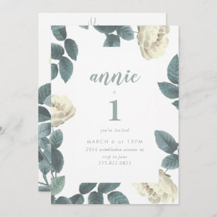 Girl White en Green First Birthday Invitation Kaart