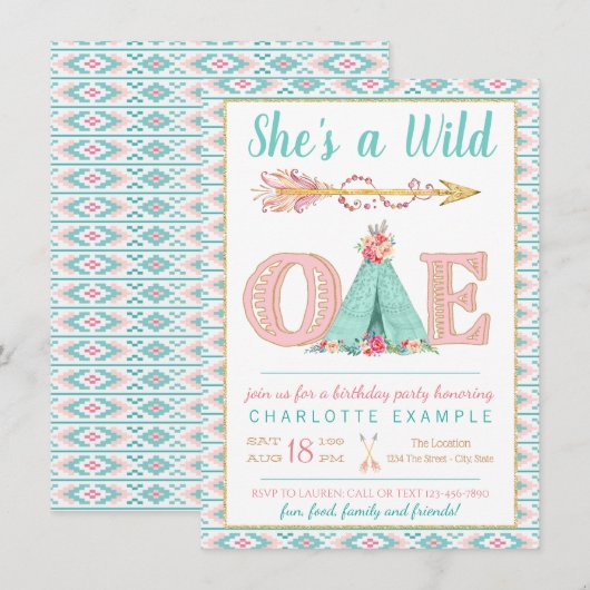 Girl Wild One Birthday Party Invitation Kaart (Voorkant / Achterkant)