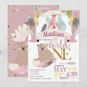 Girl Wild One Boho First Birthday Kaart