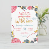 Girl Wild One Boho Floral First Birthday Invite Kaart (Staand voorkant)
