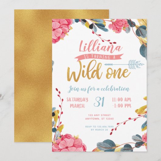 Girl Wild One Boho Floral First Birthday Invite Kaart (Voorkant / Achterkant)