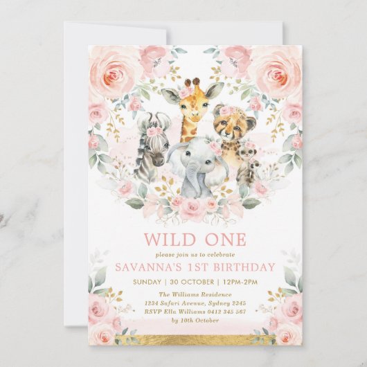 Girl Wild One Oerwoud Safari Blush Floral Birthday Kaart (Voorkant)